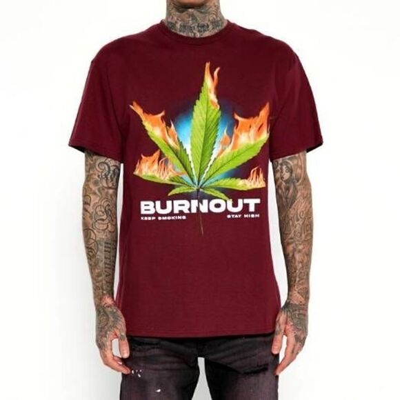 Burnout Mens Short Sleeve Burgundy T-Shirt Size Large - Picture 3 of 5